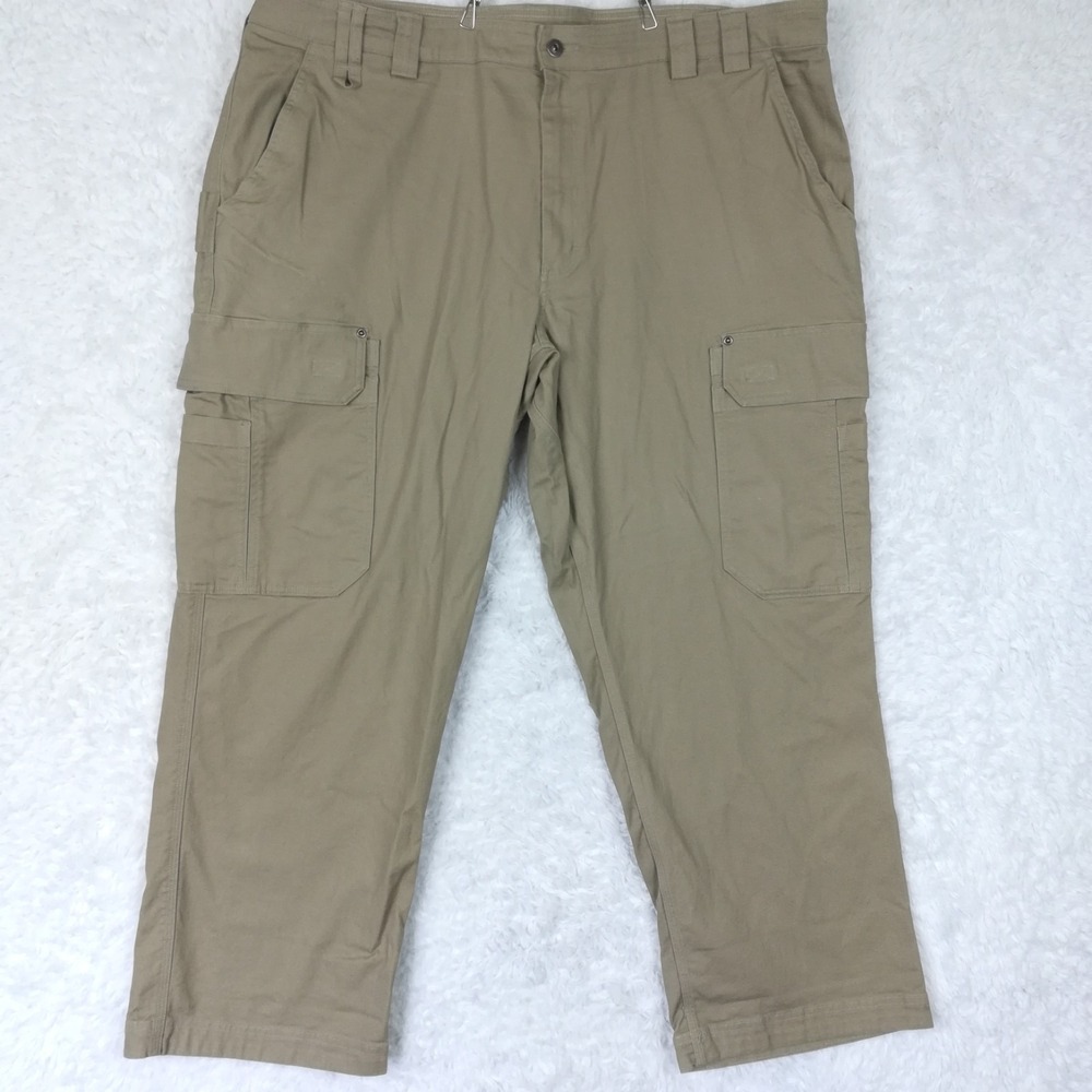 Duluth Trading Mens Pants Flex Fire Hose Cargo Work Beige Canvas Relaxed 46x30
